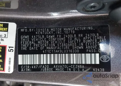 2020 Toyota Camry Le from USA, damaged, VIN 4T1C11AK9LU316330